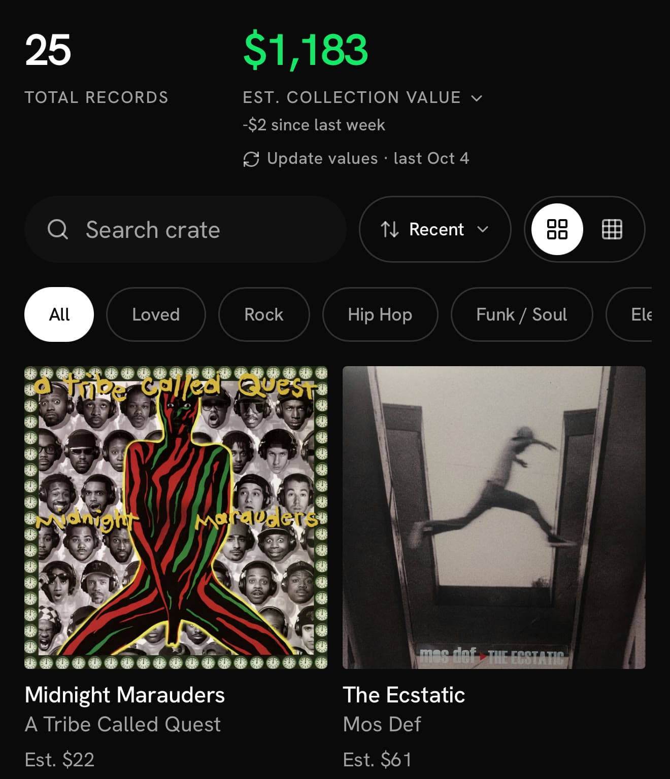 A collection of 25 records with Midnight Marauders at an estimated $22 and The Ecstatic at $61.